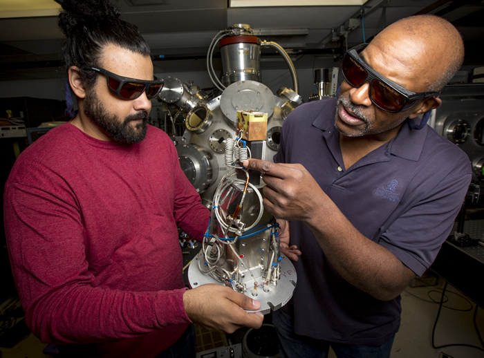 Summer scholar Jerry Clark and mentor Ronnie Shepherd prepare for tests on the x-ray streak camera at LLNL’s Jupiter Laser Facility. Jerry acquired laser time through the competitive LaserNetUS proposal program.